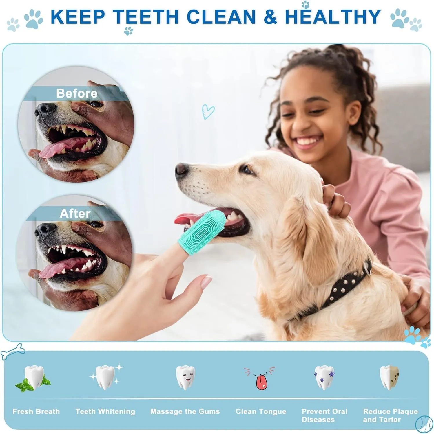 Dog finger toothbrush with 360° silicone bristles in blue, green, pink, and purple – soft non-slip sleeve for pet teeth cleaning