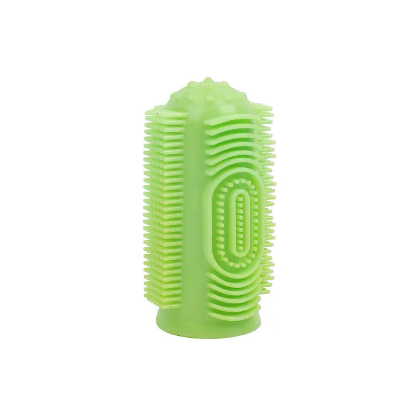 Dog finger toothbrush with 360° silicone bristles in blue, green, pink, and purple – soft non-slip sleeve for pet teeth cleaning