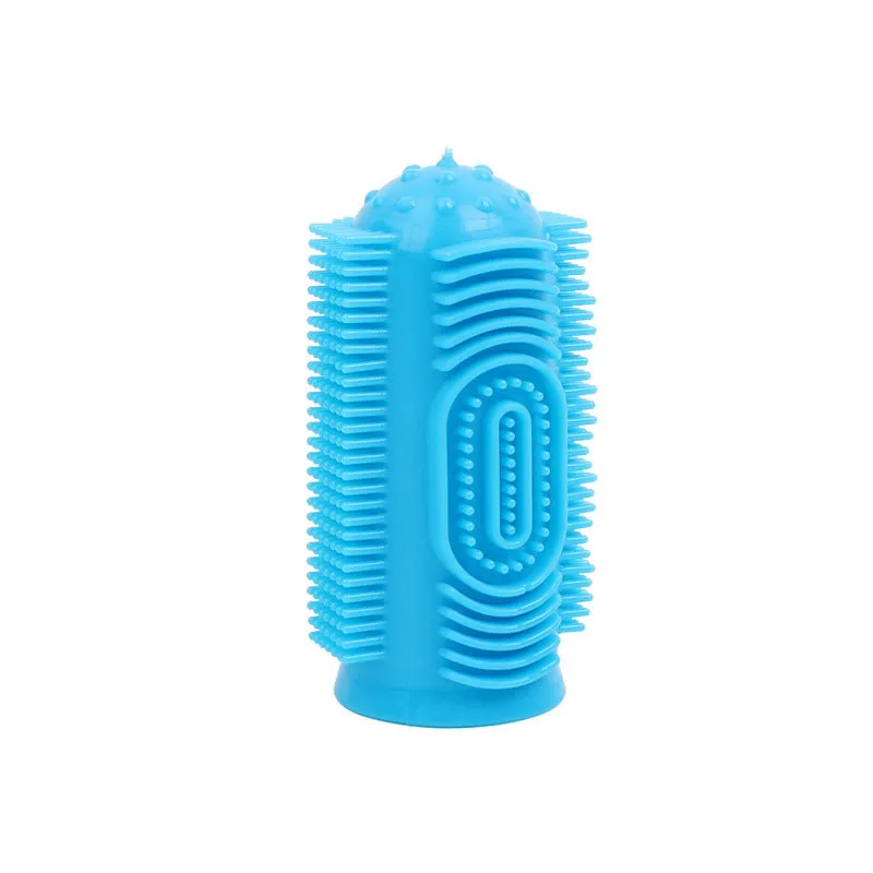 Dog finger toothbrush with 360° silicone bristles in blue, green, pink, and purple – soft non-slip sleeve for pet teeth cleaning