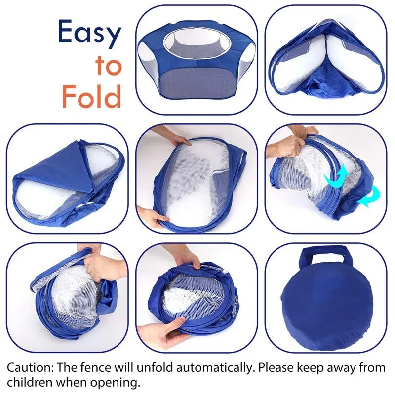 Folding pet fence 120x38 cm blue with breathable zipped cover and waterproof base