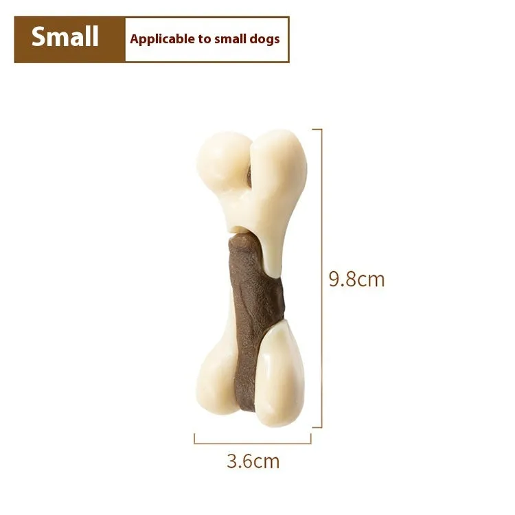 Cowhide and nylon bone grinding rod dog chewing toy shown in small and large size options