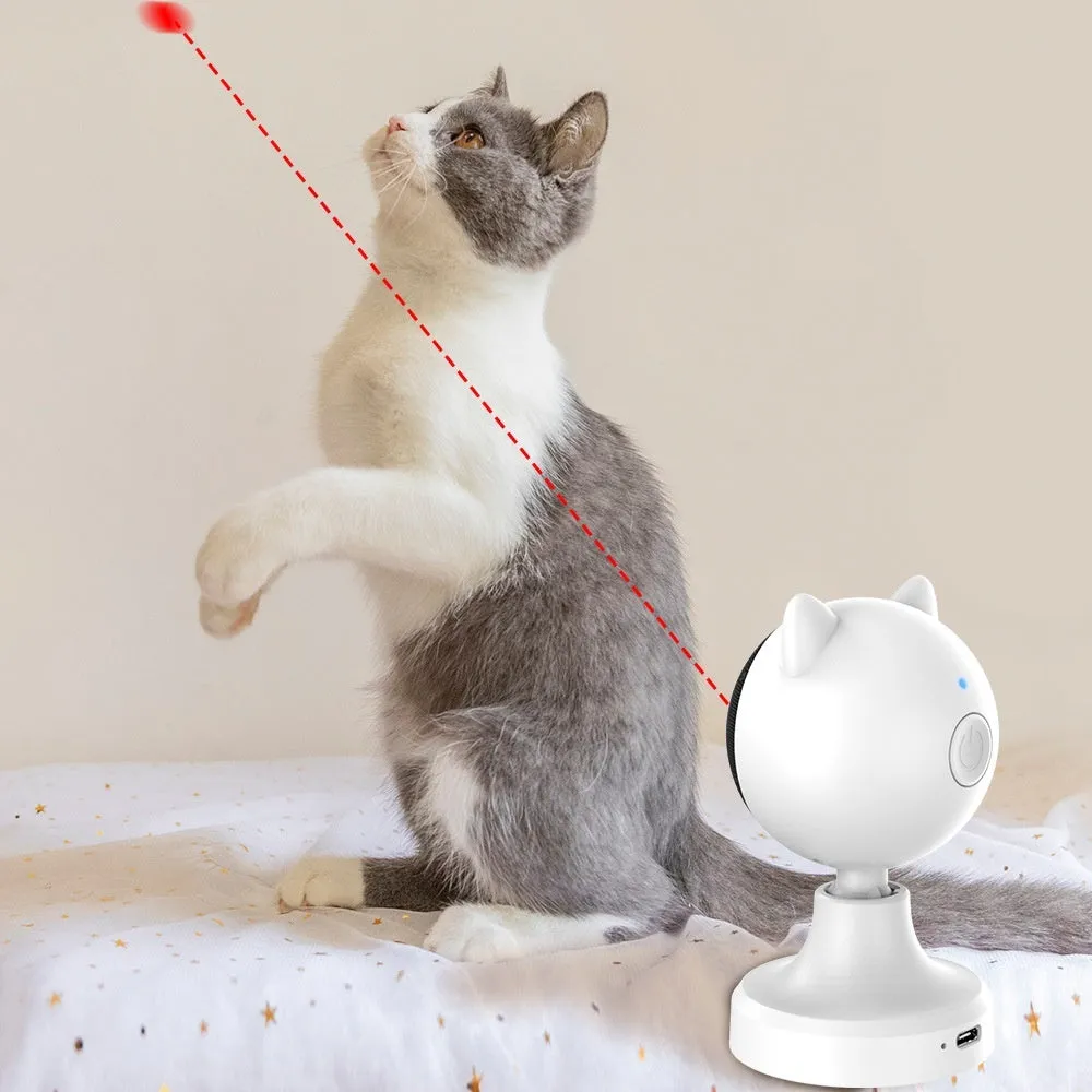 White smart laser cat teaser toy with USB charging on a floor, made of ABS plastic