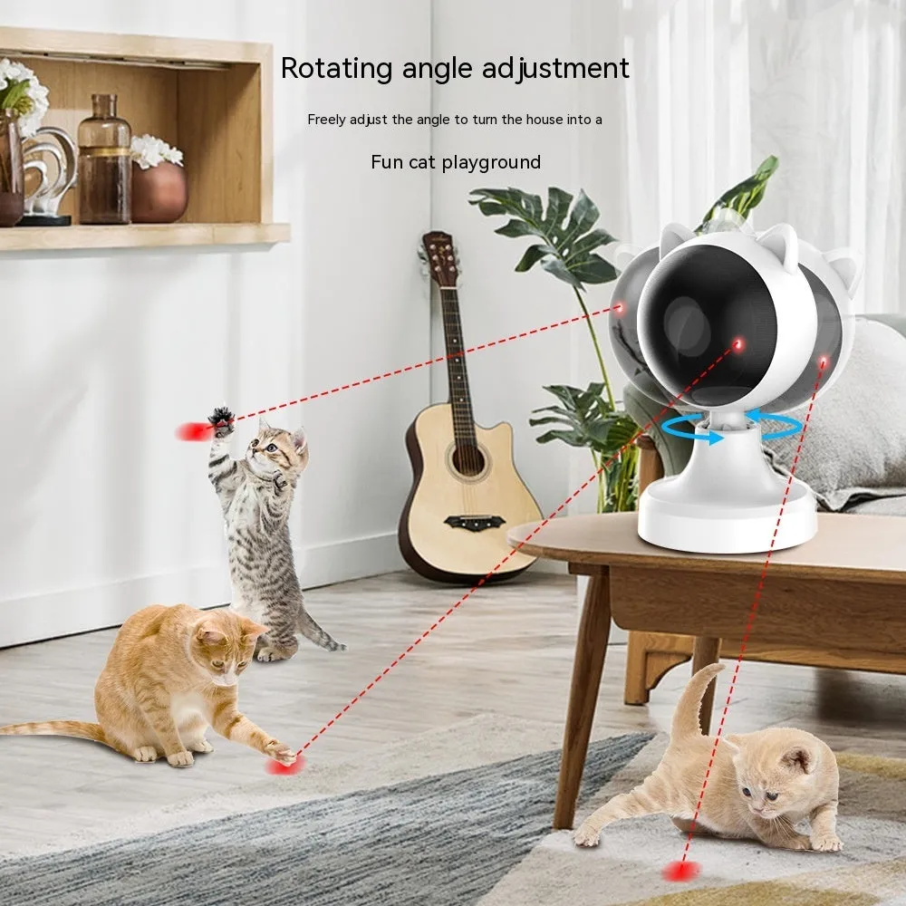White smart laser cat teaser toy with USB charging on a floor, made of ABS plastic