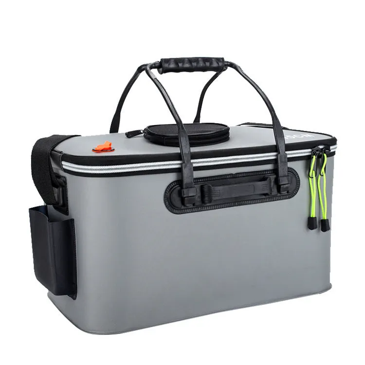 Thickened folding fishing bucket in EVA material, grey colour, with 40L capacity showing collapsible design