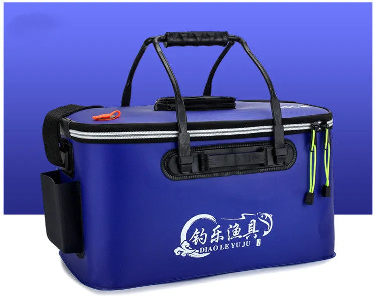 Thickened folding fishing bucket in EVA material, grey colour, with 40L capacity showing collapsible design