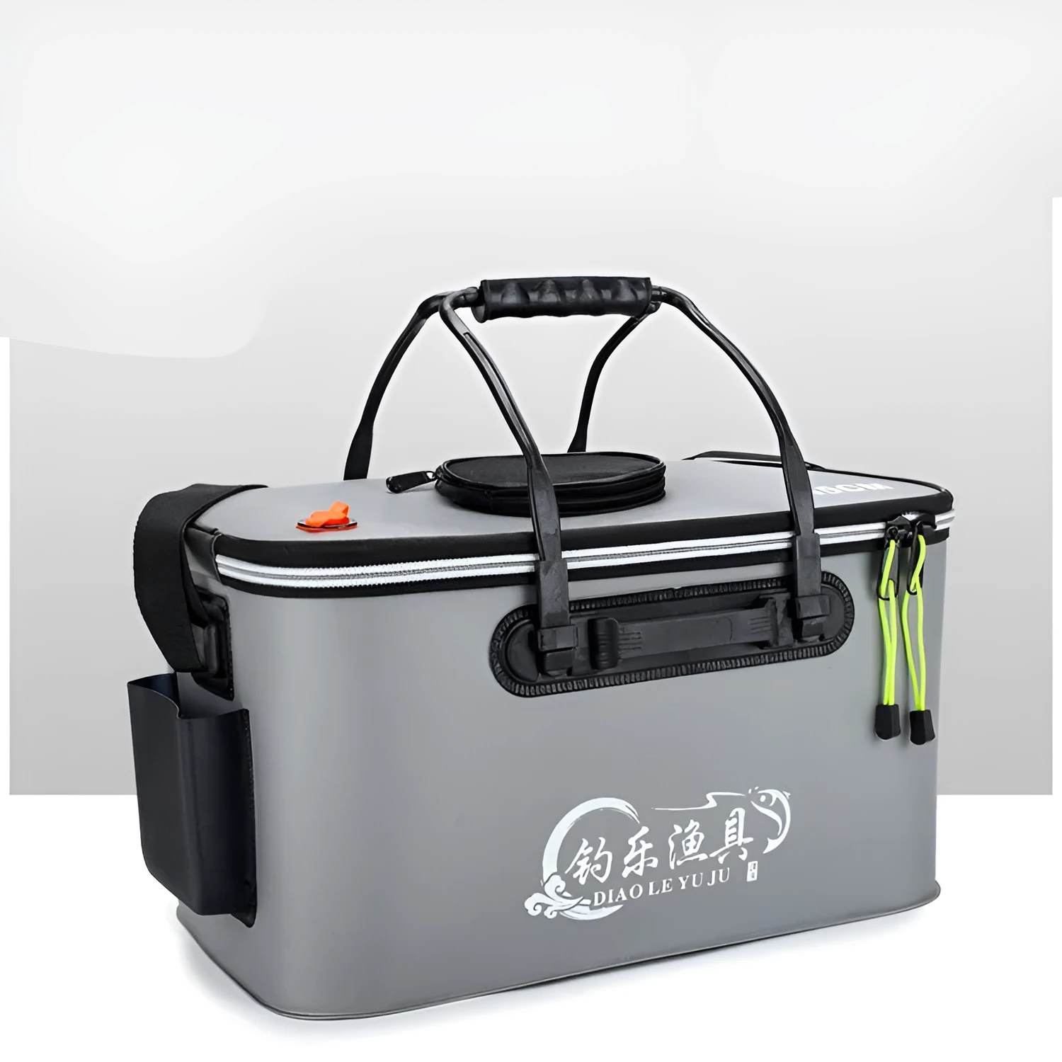 Thickened folding fishing bucket in EVA material, grey colour, with 40L capacity showing collapsible design