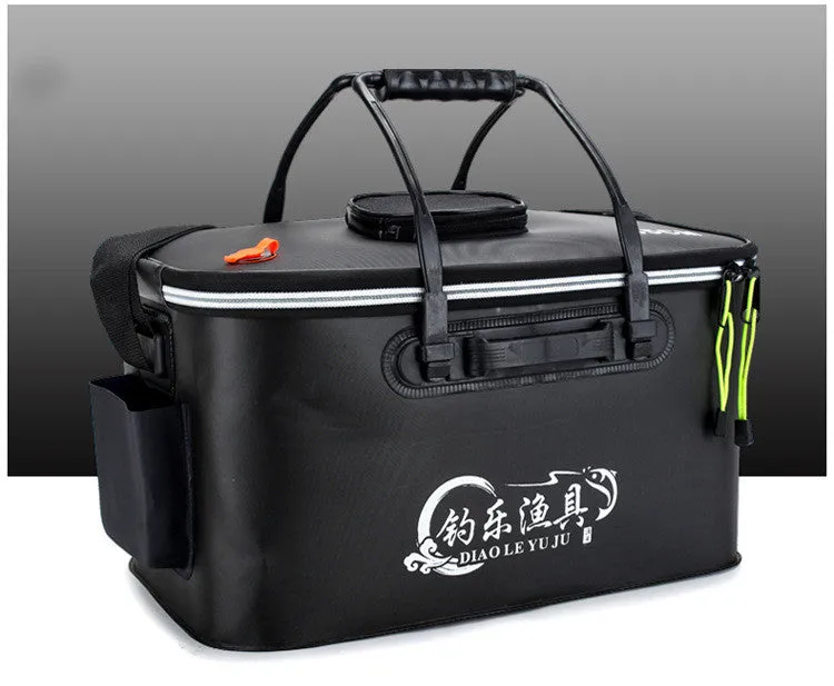 Thickened folding fishing bucket in EVA material, grey colour, with 40L capacity showing collapsible design