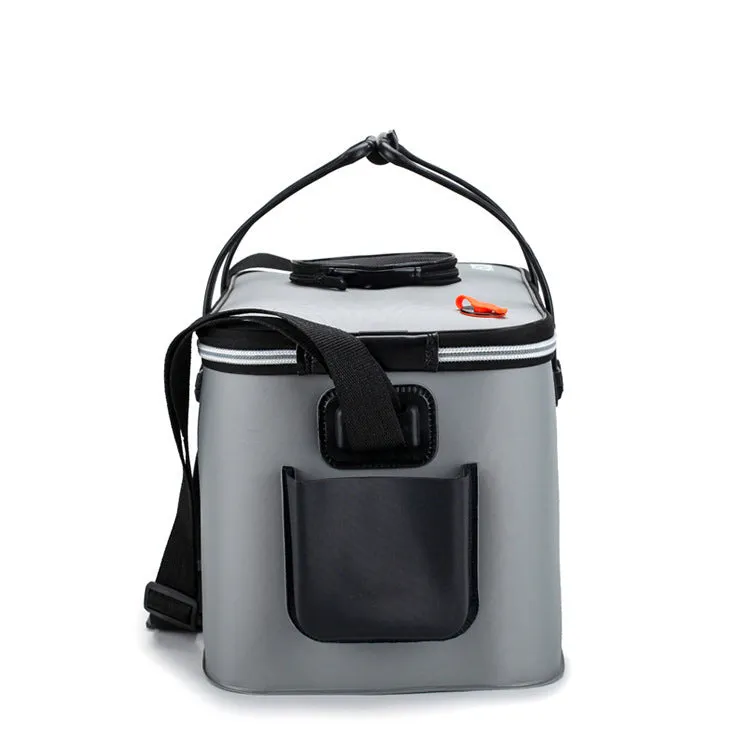 Thickened folding fishing bucket in EVA material, grey colour, with 40L capacity showing collapsible design