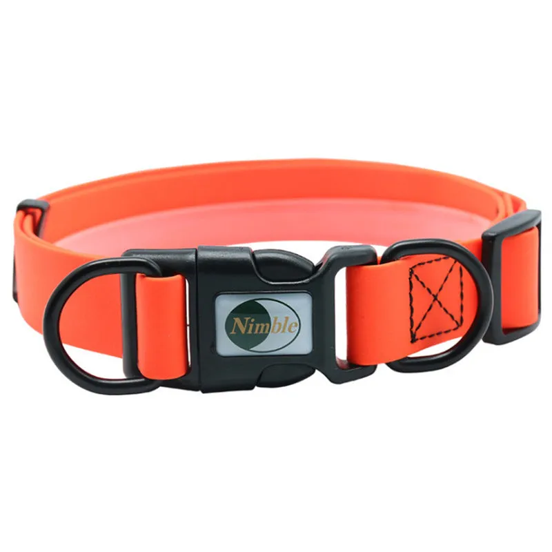 PVC waterproof dirt-resistant adjustable dog collar in blue with buckle, on white background