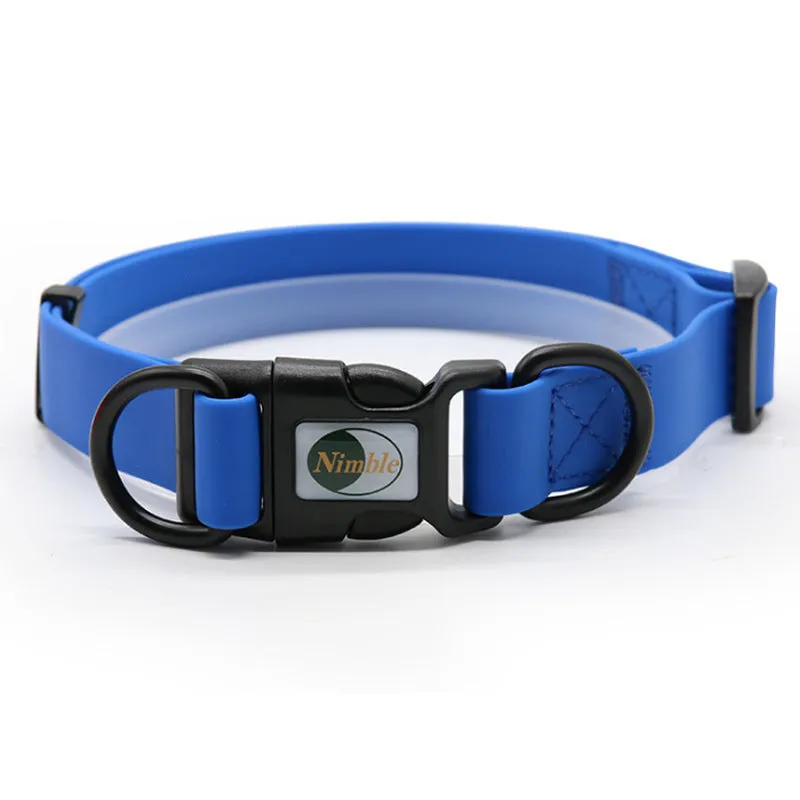 PVC waterproof dirt-resistant adjustable dog collar in blue with buckle, on white background