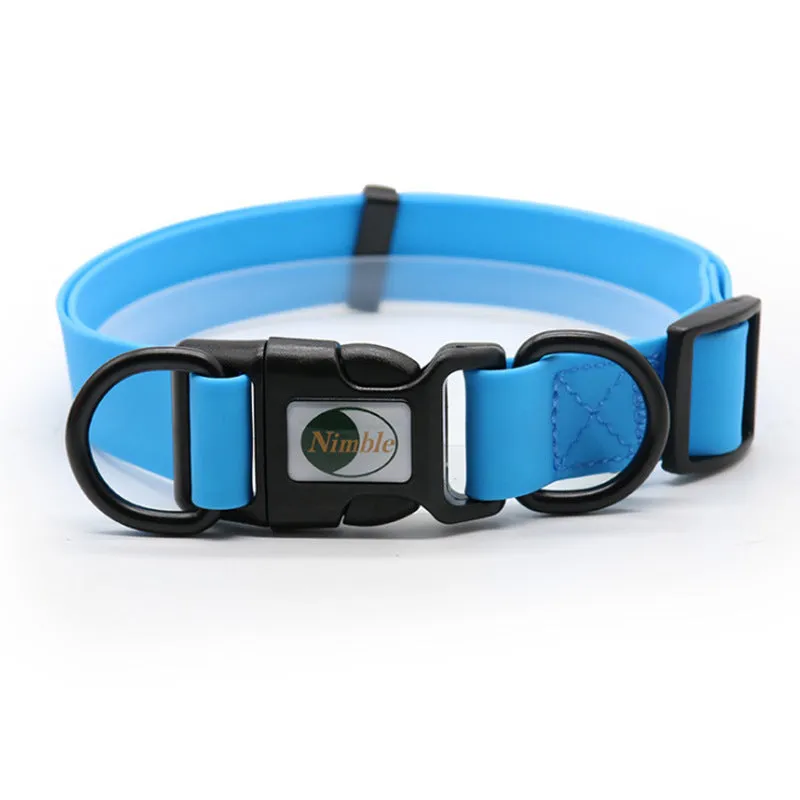 PVC waterproof dirt-resistant adjustable dog collar in blue with buckle, on white background