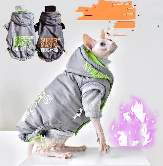 Hairless cat winter coat in Space Grey with windproof TPU polyester outer and cotton insulation, sized for Sphynx or similar breeds