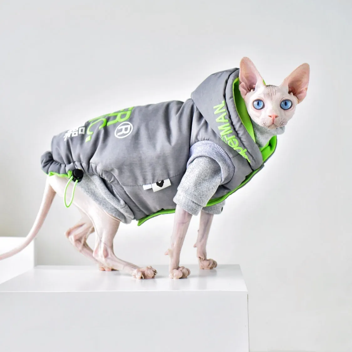 Hairless cat winter coat in Space Grey with windproof TPU polyester outer and cotton insulation, sized for Sphynx or similar breeds