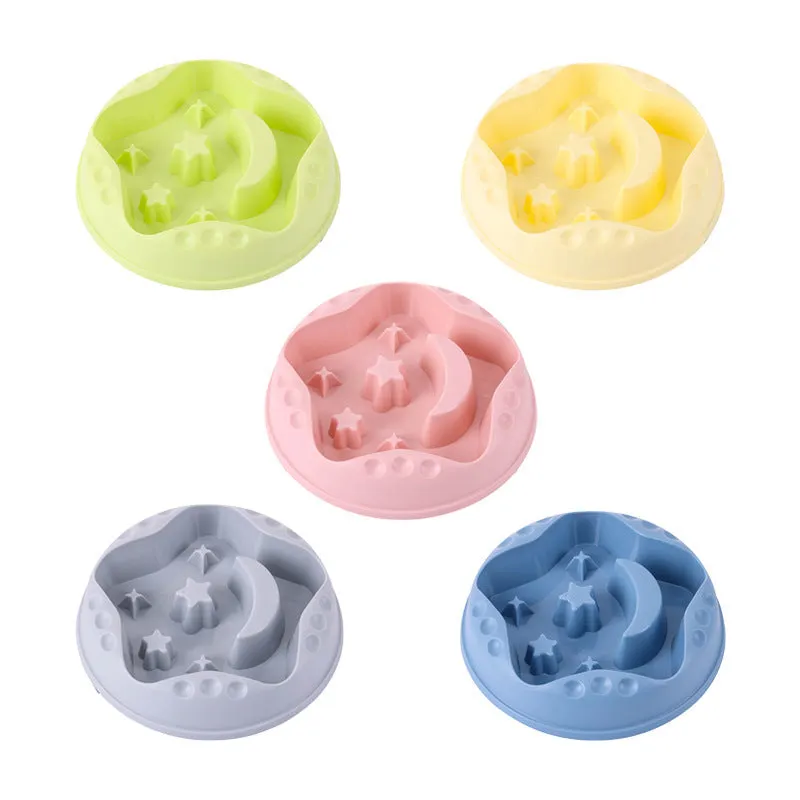 Large pet slow feeder bowl with moon and star obstacles inside, shown in blue colour.