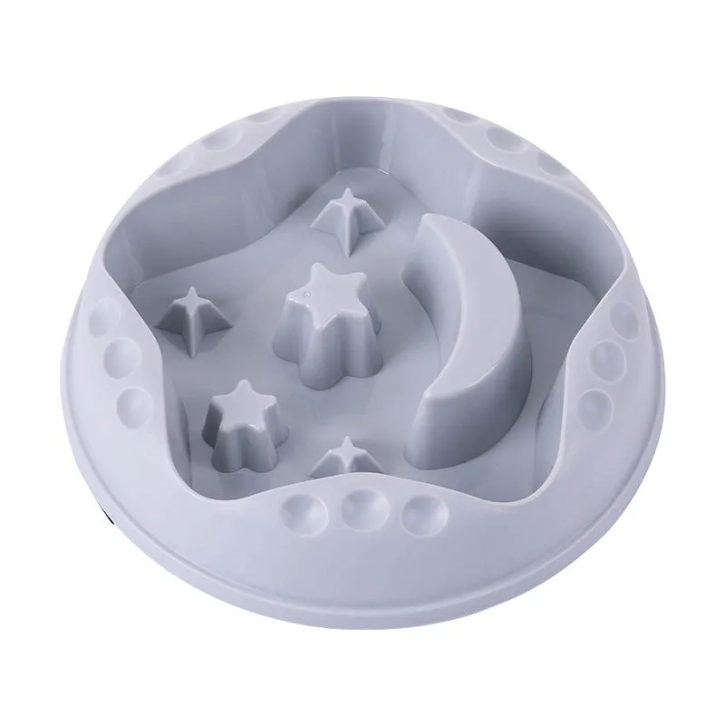 Large pet slow feeder bowl with moon and star obstacles inside, shown in blue colour.