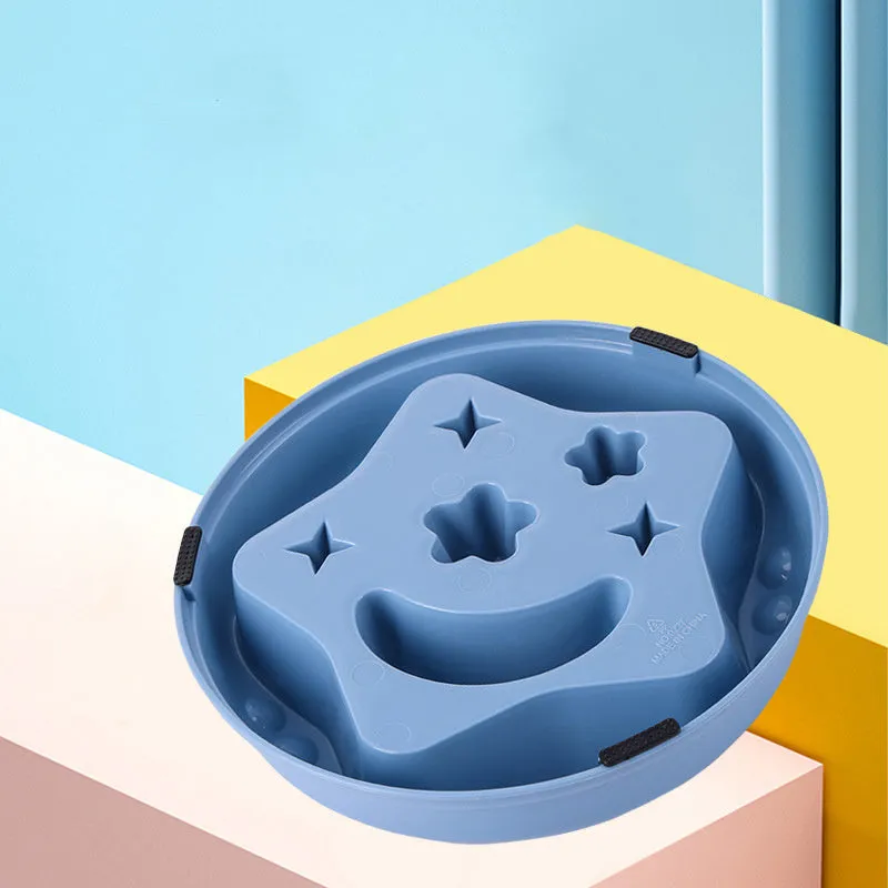 Large pet slow feeder bowl with moon and star obstacles inside, shown in blue colour.