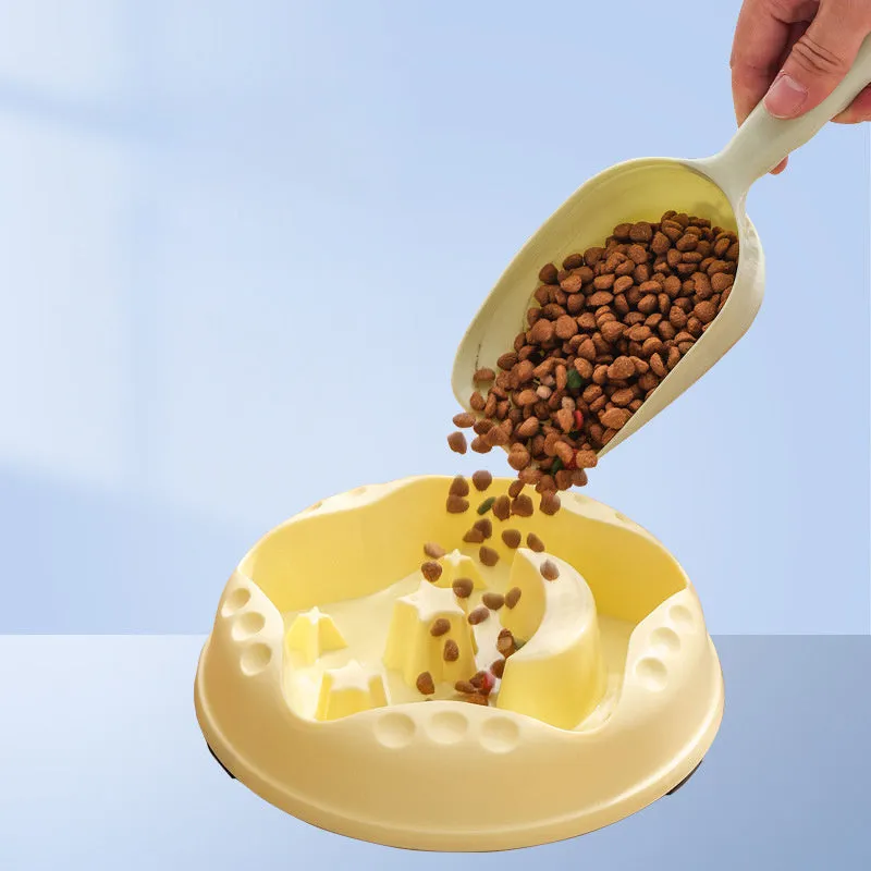 Large pet slow feeder bowl with moon and star obstacles inside, shown in blue colour.
