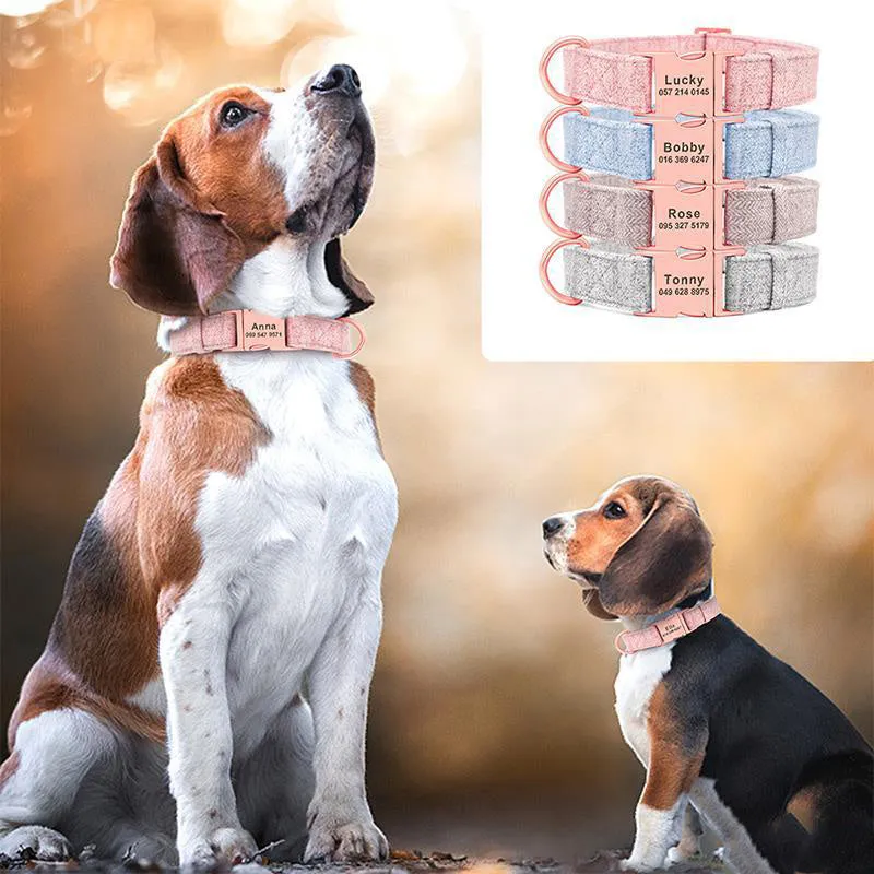 Non-woven fabric dog collar and leash set in blue, grey, light brown, pink for small medium large dogs