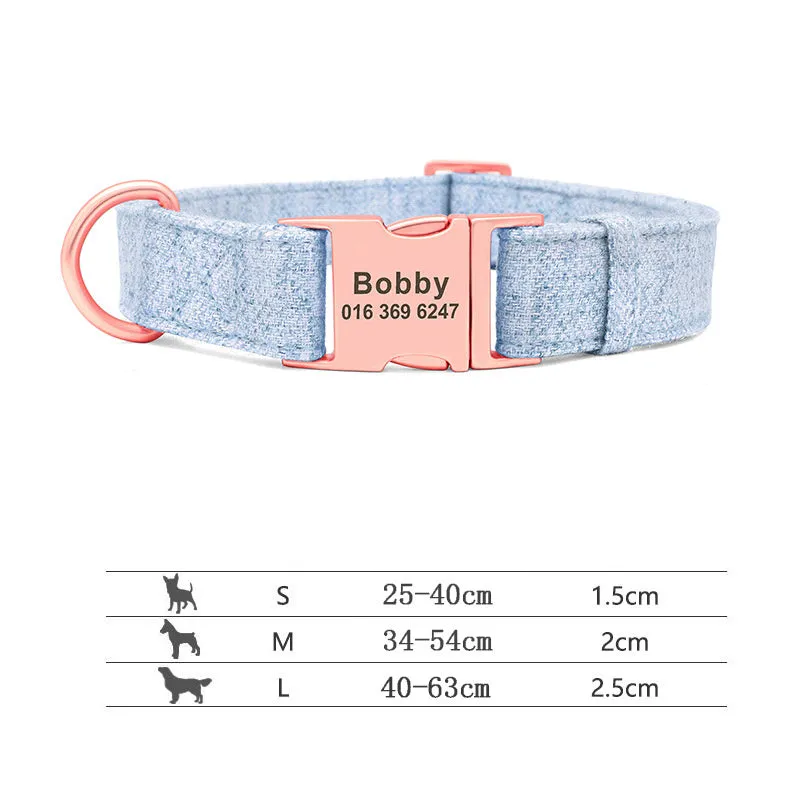 Non-woven fabric dog collar and leash set in blue, grey, light brown, pink for small medium large dogs