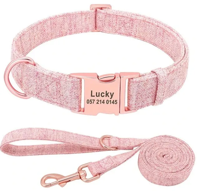 Non-woven fabric dog collar and leash set in blue, grey, light brown, pink for small medium large dogs