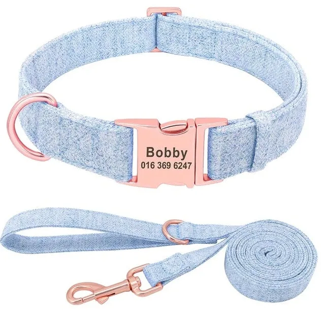 Non-woven fabric dog collar and leash set in blue, grey, light brown, pink for small medium large dogs