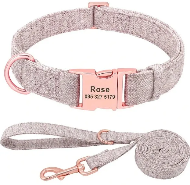 Non-woven fabric dog collar and leash set in blue, grey, light brown, pink for small medium large dogs