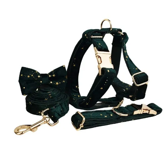Fabric dog collar and lead set with bow, flowers, vest, and poop bag in blue, green, and wine red colours