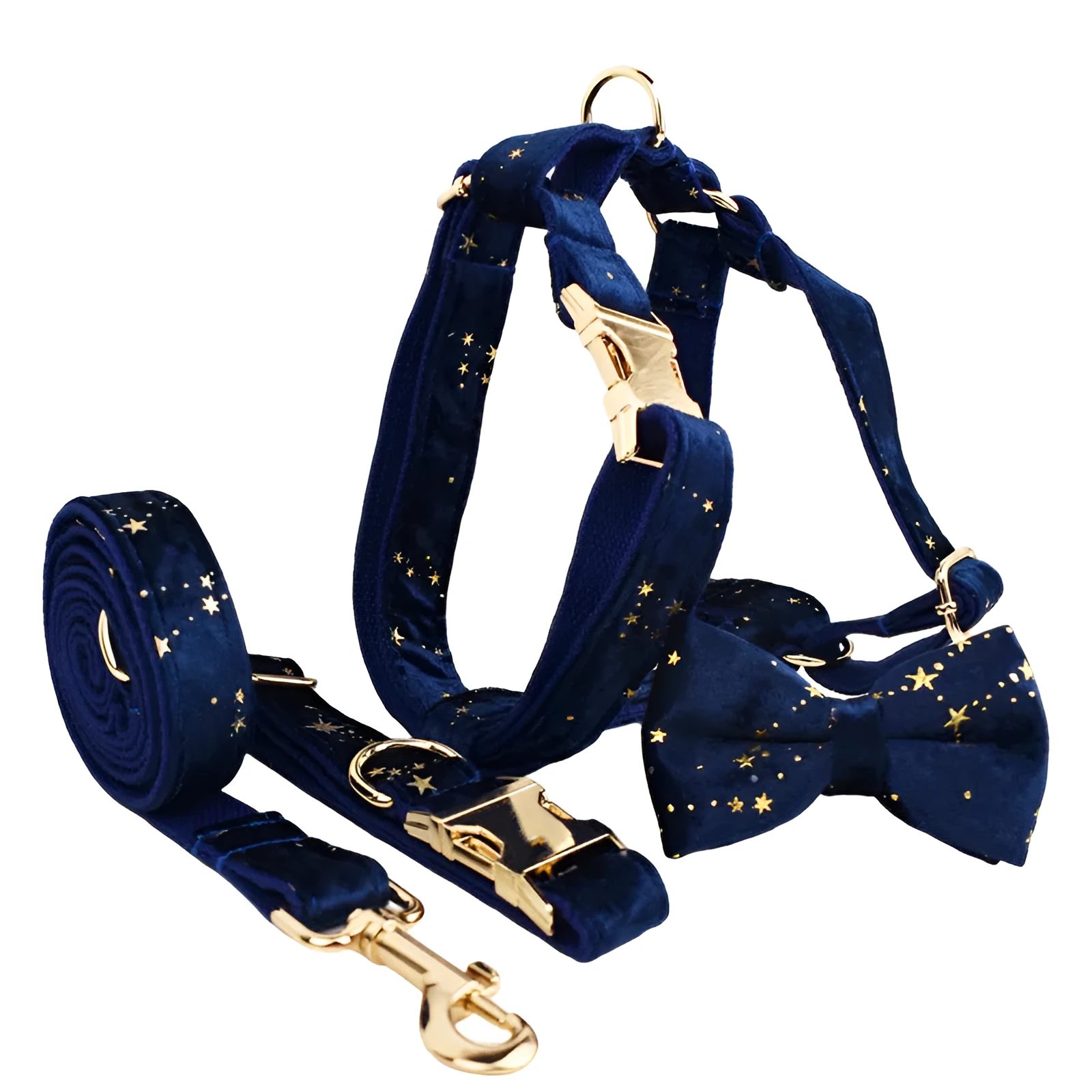 Fabric dog collar and lead set with bow, flowers, vest, and poop bag in blue, green, and wine red colours
