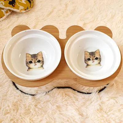 Ceramic cat bowl holder with rack and cat face design, elevated to protect spine