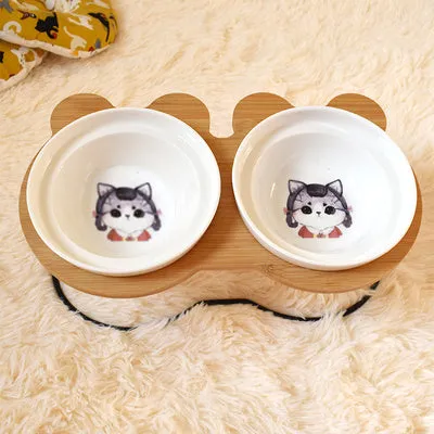 Ceramic cat bowl holder with rack and cat face design, elevated to protect spine