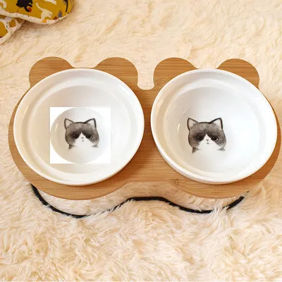 Ceramic cat bowl holder with rack and cat face design, elevated to protect spine