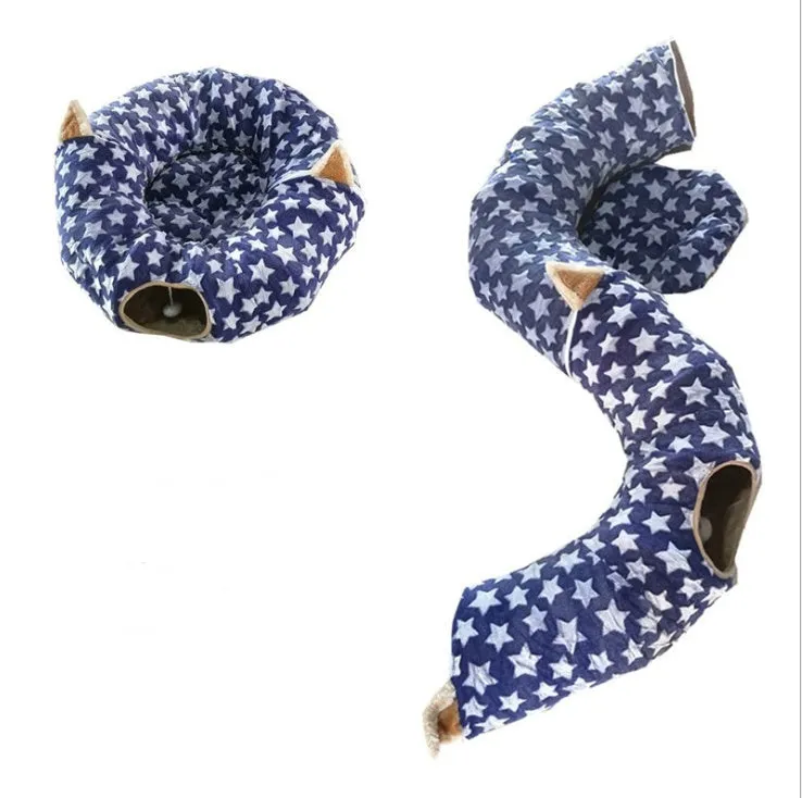 Foldable cloth cat tunnel in blue with crinkle sound toy, 25cm diameter, 250cm full moon length
