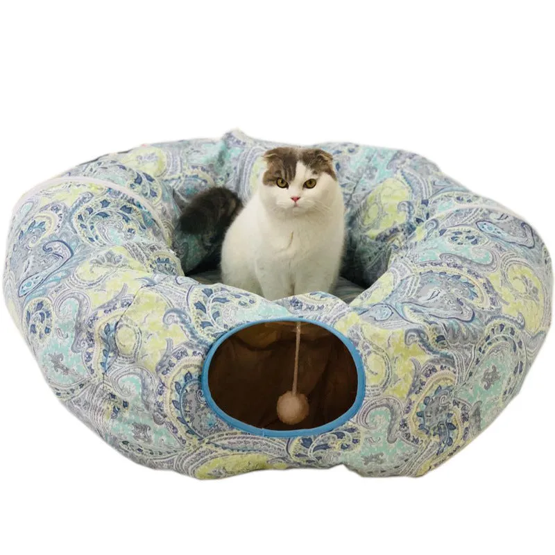 Foldable cloth cat tunnel in blue with crinkle sound toy, 25cm diameter, 250cm full moon length