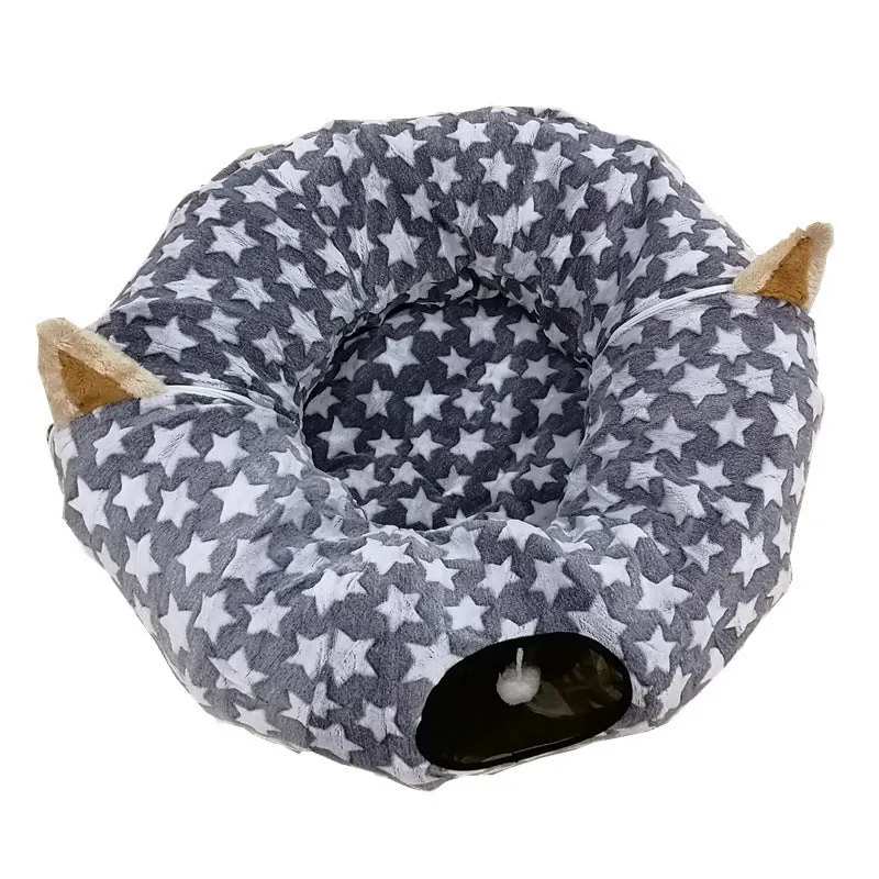 Foldable cloth cat tunnel in blue with crinkle sound toy, 25cm diameter, 250cm full moon length