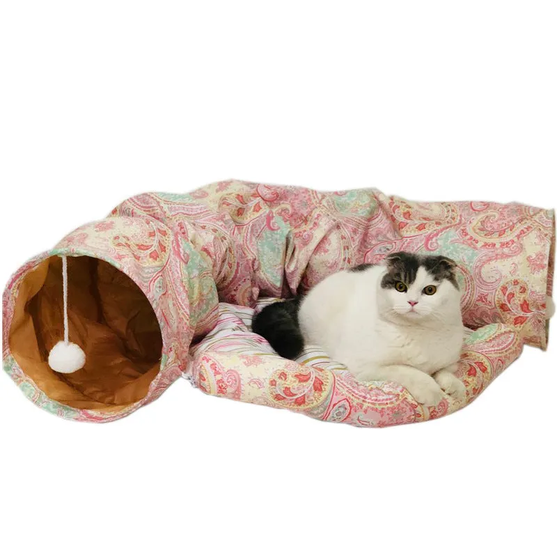 Foldable cloth cat tunnel in blue with crinkle sound toy, 25cm diameter, 250cm full moon length