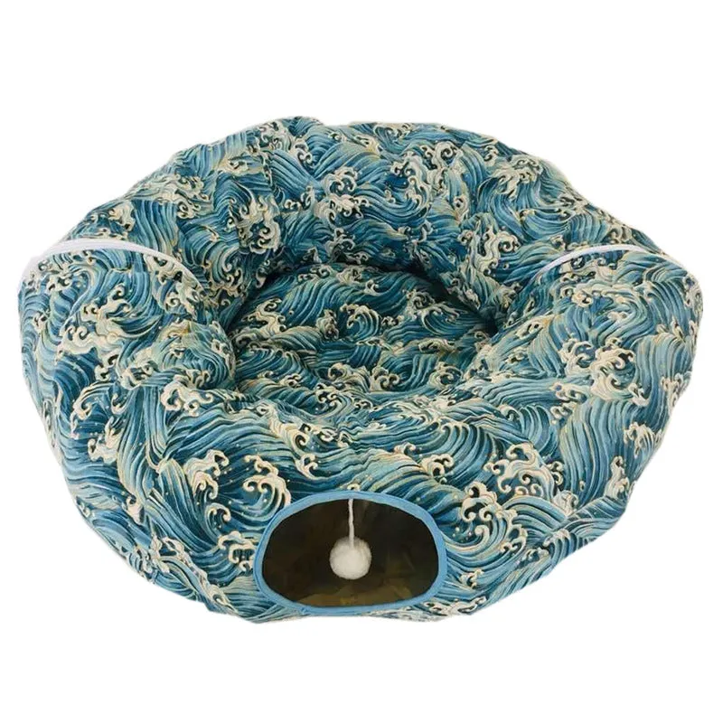 Foldable cloth cat tunnel in blue with crinkle sound toy, 25cm diameter, 250cm full moon length