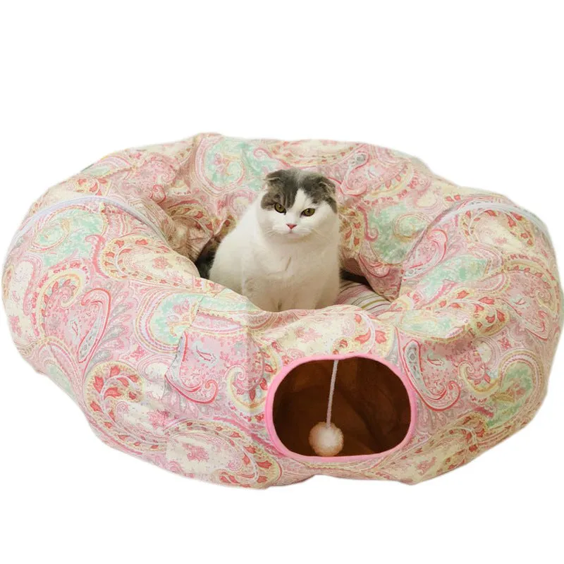 Foldable cloth cat tunnel in blue with crinkle sound toy, 25cm diameter, 250cm full moon length
