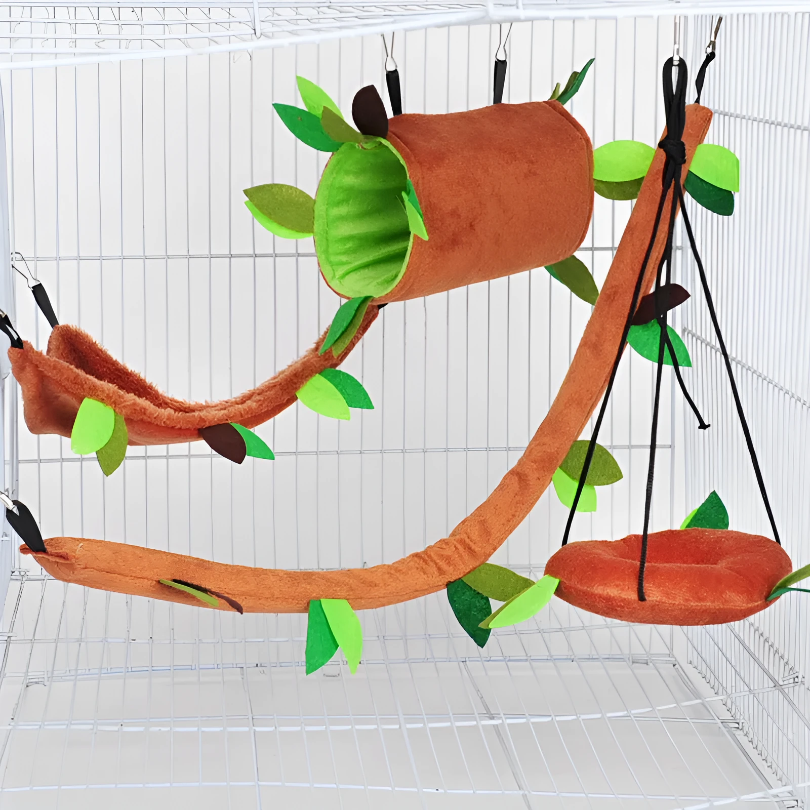 Plush toy hamster tree with drill tube, ropeway, round swing, and triangle hammock in multiple colour options