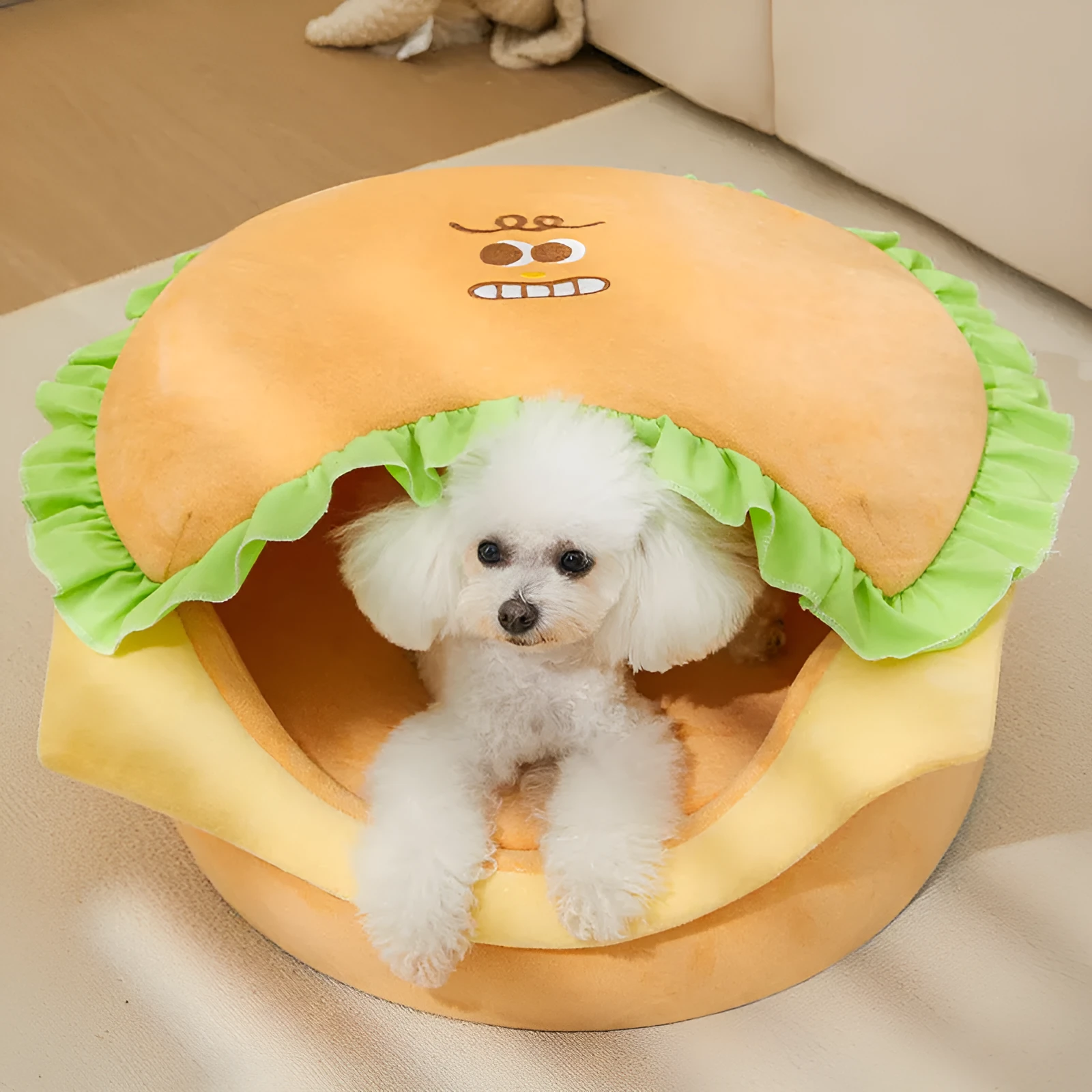 Grey foldable cat kennel with waterproof base and removable fleece cushion