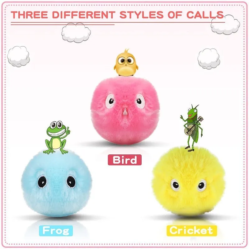 Interactive cat toy ball in blue, pink, or yellow with 55mm diameter and animal sound activation