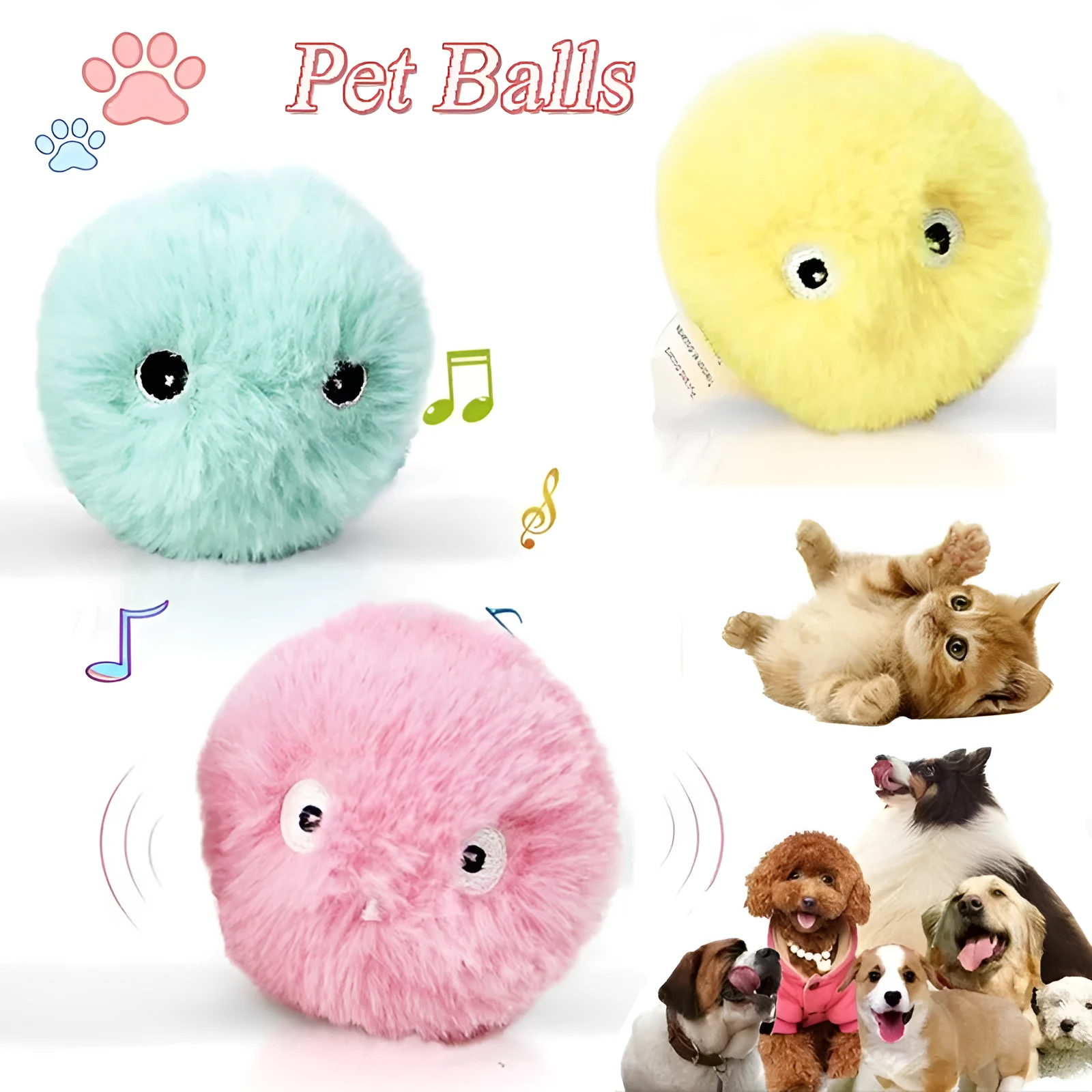 Interactive cat toy ball in blue, pink, or yellow with 55mm diameter and animal sound activation