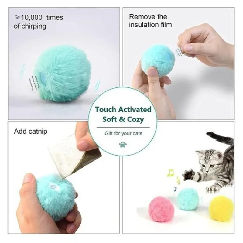 Interactive cat toy ball in blue, pink, or yellow with 55mm diameter and animal sound activation