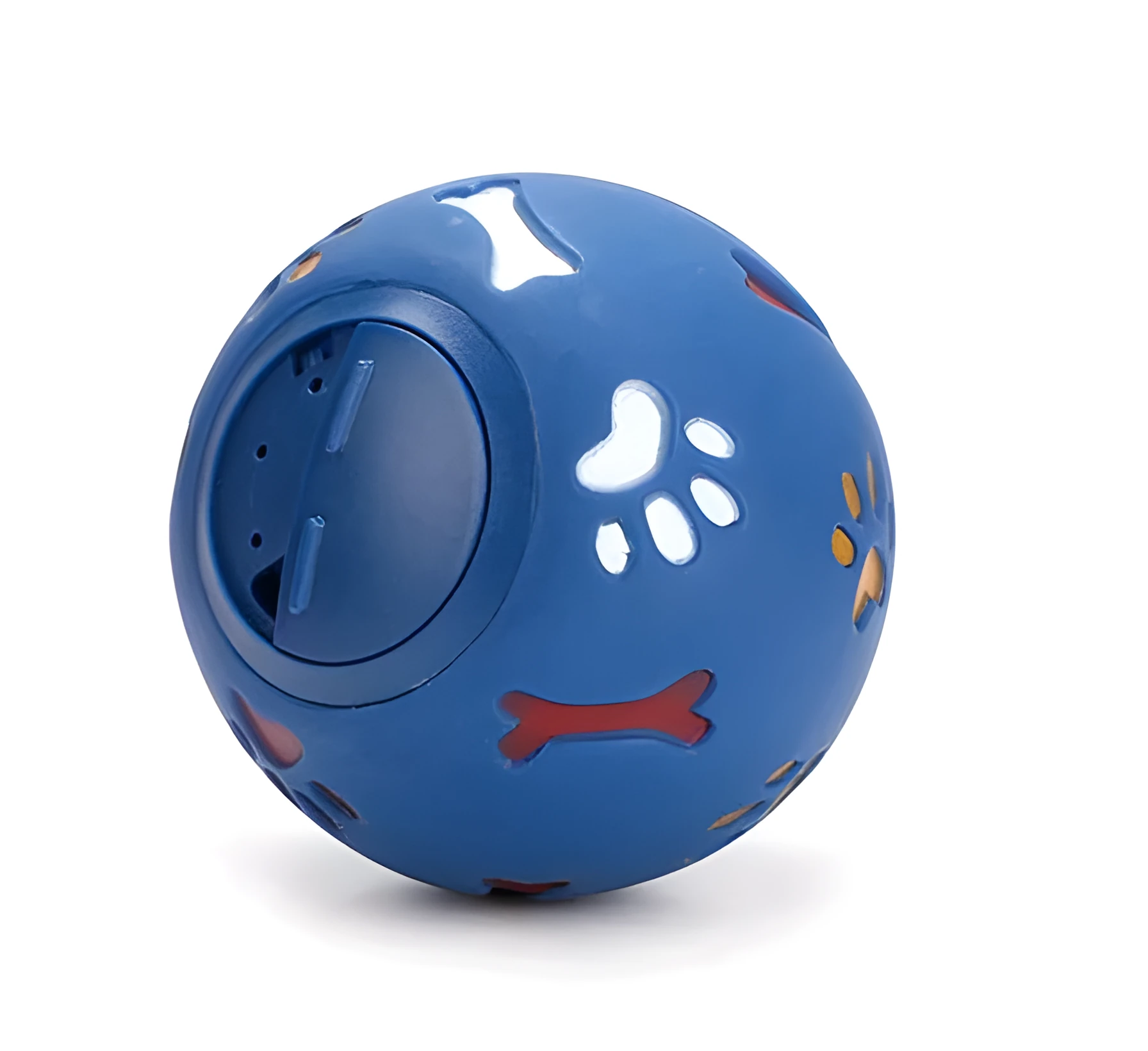 Rubber puzzle ball for dogs with uneven surface, footprints pattern, blue and red colours, sizes 7.5cm and 11cm