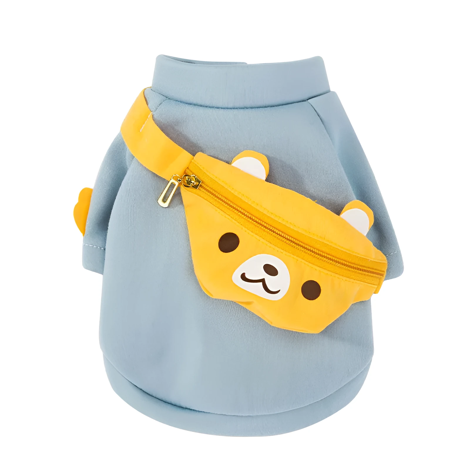 Blue cartoon backpack pet clothes milk silk sweater on small dog in side view