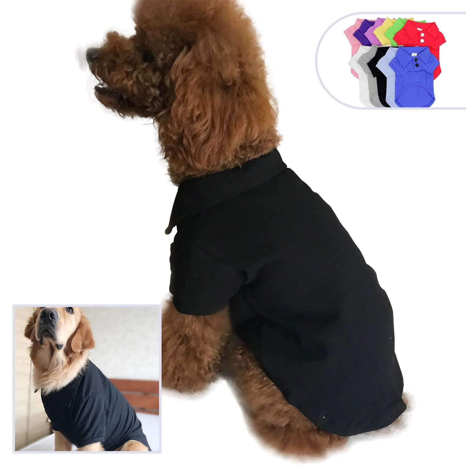 Cotton pet clothing polo shirt for dogs in black, grey, pink, white, yellow, sizes XS to XXL