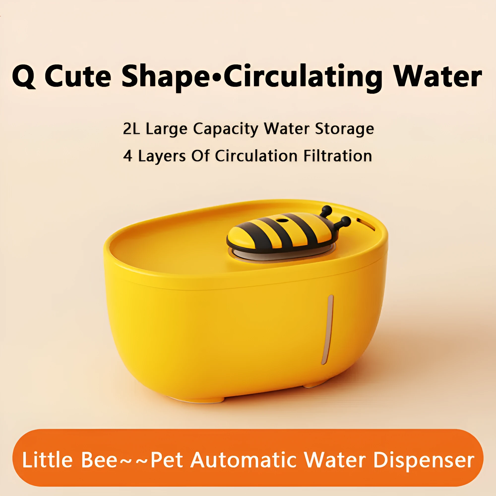 Yellow cat water fountain with filtration system and USB cable for automatic recirculating pet water