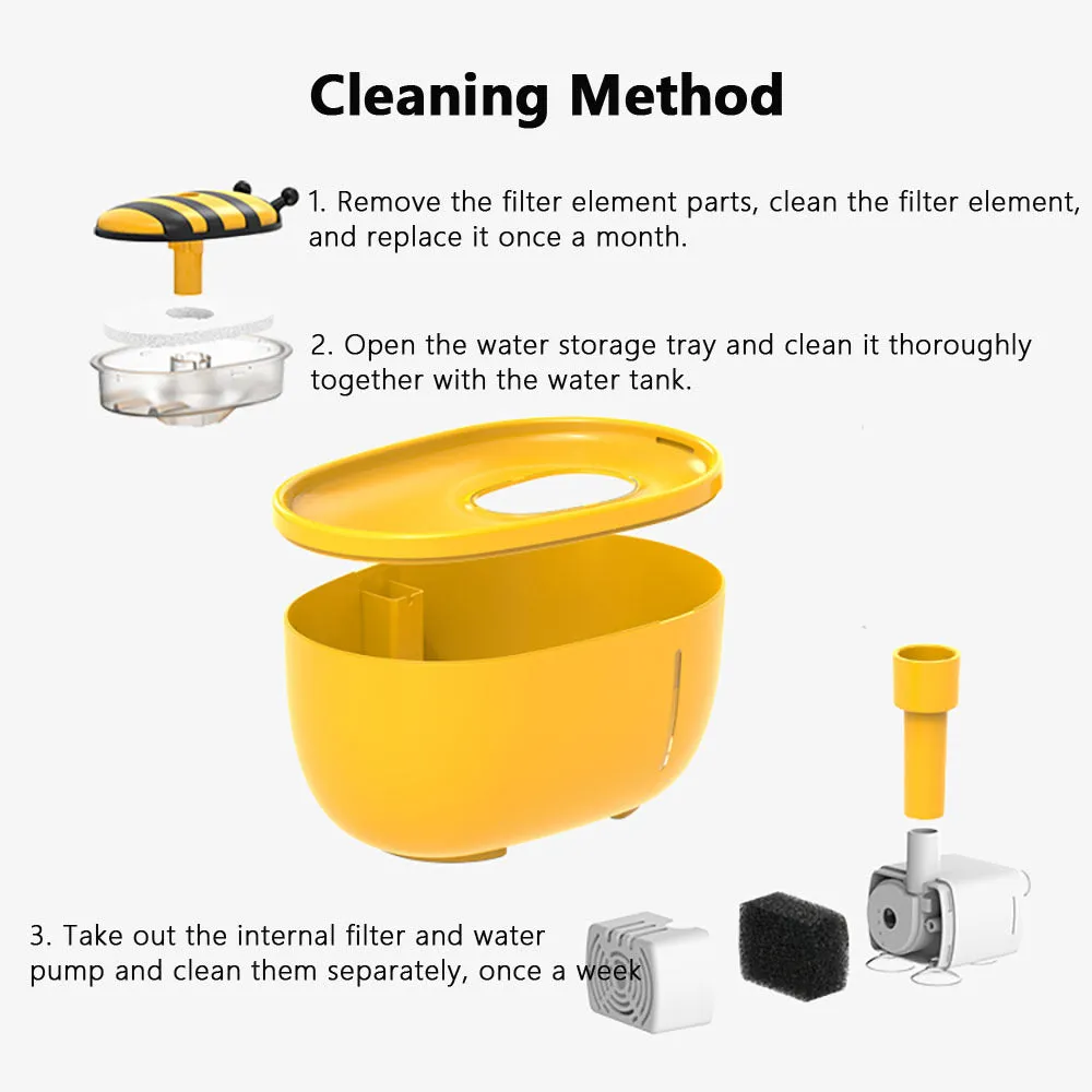 Yellow cat water fountain with filtration system and USB cable for automatic recirculating pet water