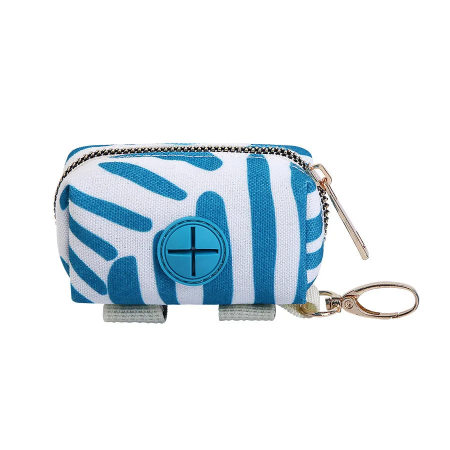 Compact polyester pet poop storage pouch with zipper, 9.5x5x5cm, hand-held rope, blue and black colours