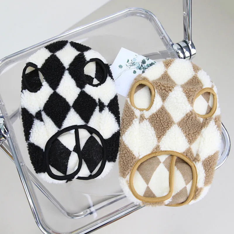 Pet checkerboard vest jacket in brown coral velvet with diamond plaid pattern for cats and dogs