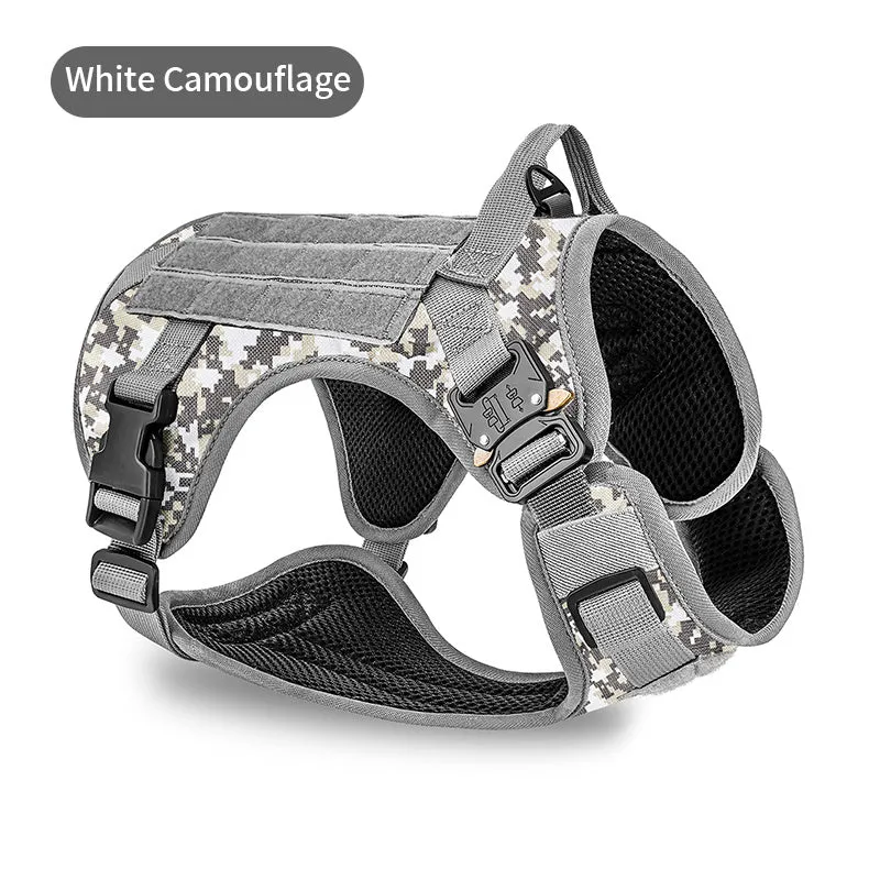 Tactical camouflage dog harness for large breeds with 4 adjustable straps and quick release buckles